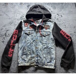 Vintage NBA/UNK Chicago Bulls Embroidered Hooded Stonewashed Denim Jacket Sz Lrg